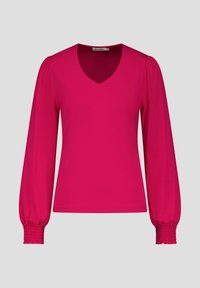 Fuchsia blouse met lange mouwen en een V-hals, met gathering in de pofmouwen, gladde stof en elastische manchetten.