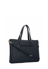 Donkerblauwe synthetische tote bag met twee handvatten aan de bovenkant, een verstelbare schouderband en gouden hardware. Voorzien van een voorvak met rits.