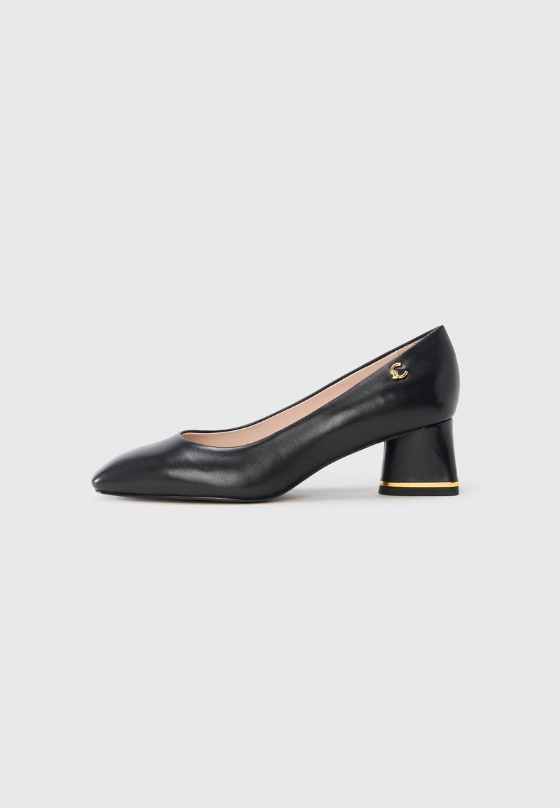Black leather pump with a pointed toe, a rounded, gold-accented block heel, and a smooth texture. Lined interior. Simple design.