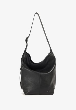 Black leather shoulder bag with a slouchy design, flat bottom, and adjustable strap. Features a subtle logo accent on the front.