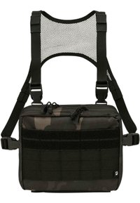 Camouflage crossbody bag with adjustable mesh straps, zippers, and Velcro patches. Features a textured black section and durable fabric.