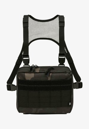 Kamerna čez rameno z adjustable mrežnimi trakovi, zadrgami in Velcro obliži. Ima strukturiran črn del in trpežno blago.