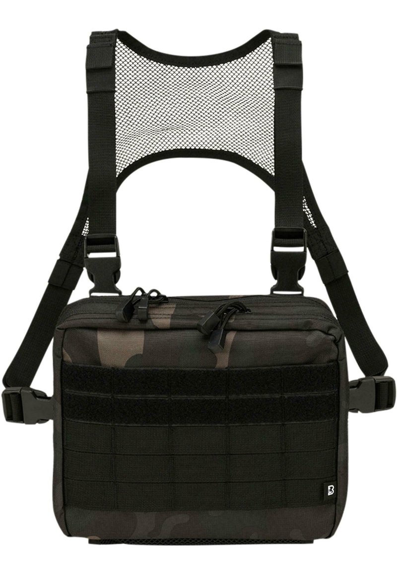 Camouflage crossbody bag with adjustable mesh straps, zippers, and Velcro patches. Features a textured black section and durable fabric.