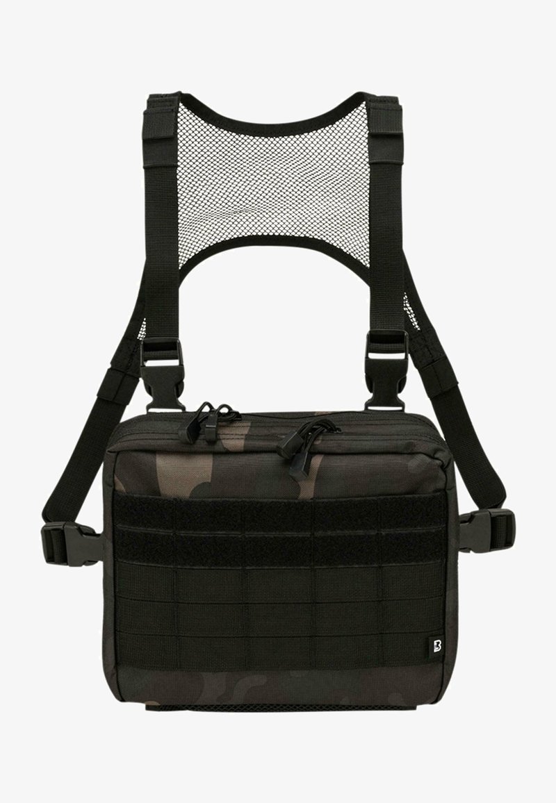 Kamuflaažiga crossbody kott reguleeritavate võrgust rihmadega, lukud ja Velcro klapid. Omab tekstuurset musta osa ja vastupidavat kangast.