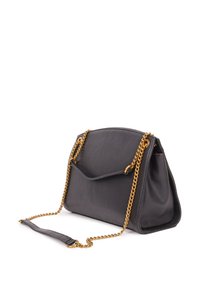 Black leather handbag with a structured design, gold chain and leather shoulder strap, featuring a front flap and flat bottom.