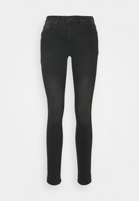 Jeans ajustados negros con una textura de denim suave, diseño ceñido y estilo clásico de cinco bolsillos. Presentan un cierre de botón y trabillas para el cinturón.