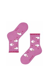 Rosa Baumwollsocken mit einem Schafmuster und Herzen. Gekräuselter oberer Rand und Branding am Boden, bieten ein verspieltes Design.