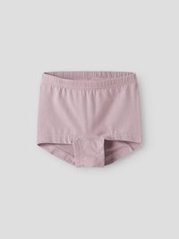 Lichtpaarse peutershorts met elastische tailleband en versterkte stiksels, plat uitgespreid op een neutrale grijze achtergrond.