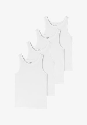 Cuatro camisetas interiores sin mangas, blancas y lisas, apiladas en orden de tamaño descendente sobre un fondo blanco.