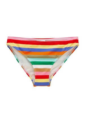 Dámske bikiny spodný diel s horizontálnymi pruhmi v červenej, ružovej, žltej, modrej, oranžovej, zelenej, bielej a hnedej farbe na bielom pozadí.