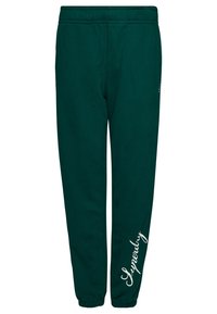 Grüne Sweatpants mit einem Tunnelzugbund, schmal zulaufenden Bündchen und einem weißen "Superdry"-Logo auf der Seite. Glattes Baumwollmaterial.