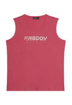 Top rosa senza maniche con la scritta "FREDDY MOOD UP" in bianco e beige chiaro sul petto, scollo rotondo e orlo dritto.