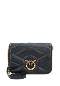 Borsa a tracolla nera in pelle con texture a zig-zag, elementi in metallo dorato e un clasp circolare con due uccelli. Include una tracolla a catena staccabile.