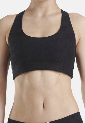 Schwarzer Sport-BH mit runder Ausschnittform und breiten Trägern. Aus einem strukturierten Stoff mit einem dezenten Logomuster gefertigt.