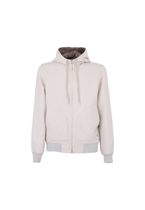 Felpa leggera color beige chiaro con zip completa, due tasche frontali, cappuccio con coulisse e polsini e orlo a coste. Texture liscia con una fodera morbida.