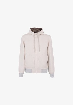 Felpa leggera color beige chiaro con zip completa, due tasche frontali, cappuccio con coulisse e polsini e orlo a coste. Texture liscia con una fodera morbida.