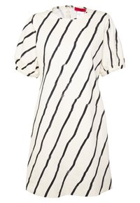 Lyhythihainen mekko, joka on valmistettu kevyestä kankaasta. Mekossa on vaalea tausta, jossa on voimakkaat mustat diagonaaliset raidat ja pyöreä kaula-aukko.