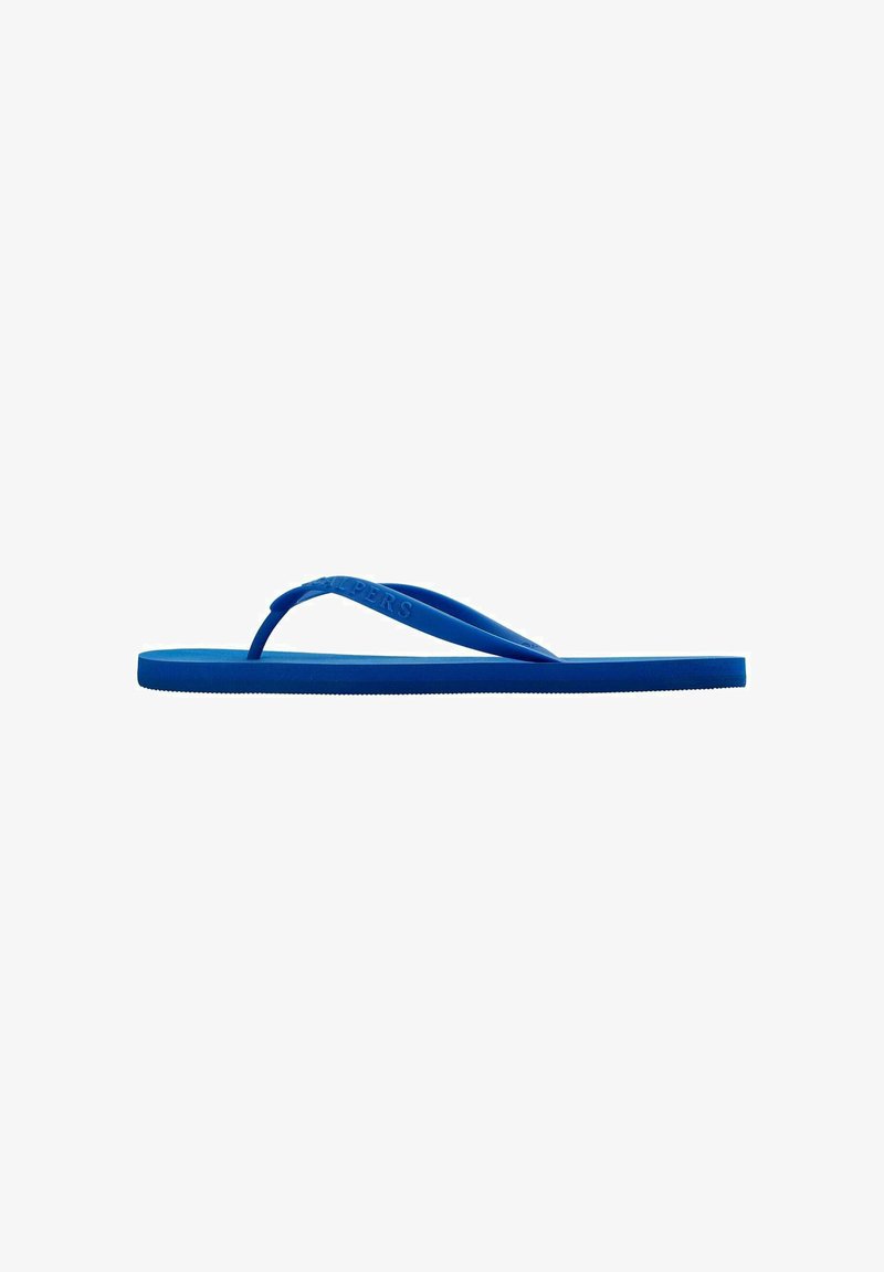 Blauwe rubberen slippers met een platte zool, V-vormige band en een gestructureerd detail langs de randen. Eenvoudig ontwerp zonder extra accenten.