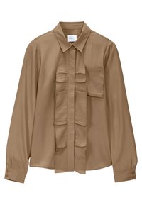 Blusa marrone con colletto a bottoni, dettagli arricciati sul davanti e una tasca. Realizzata in tessuto liscio, presenta maniche lunghe e polsini con bottoni.