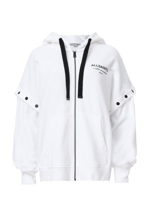 Weißer Zip-Hoodie mit Kapuze, ausgestattet mit schwarzen Kordeln, seitlichen Knöpfen und einem Logo auf der Brust. Weiches Material und lässige Passform.