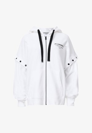 Weißer Zip-Hoodie mit Kapuze, ausgestattet mit schwarzen Kordeln, seitlichen Knöpfen und einem Logo auf der Brust. Weiches Material und lässige Passform.