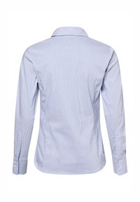 Light blue and white striped long-sleeve shirt with a collar and buttoned cuffs. Fabric appears smooth with a fitted silhouette.