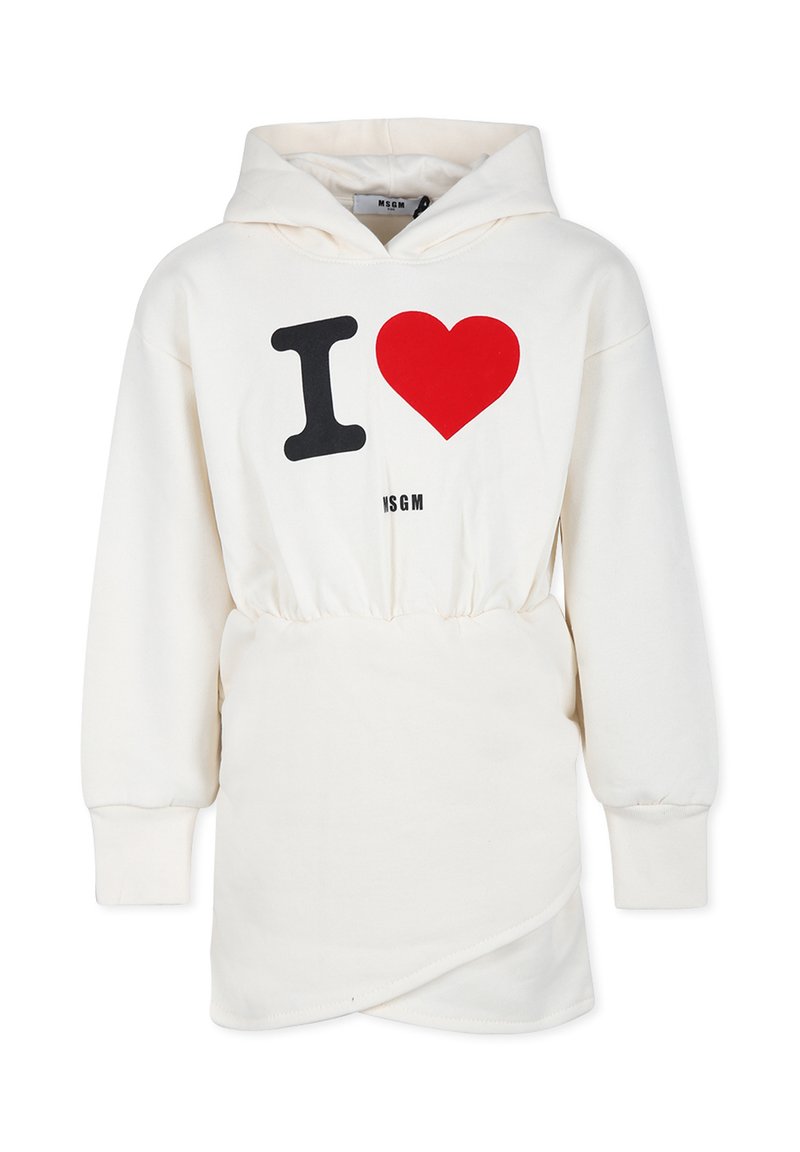 Roomkleurige hoodie met "I ♥" in zwarte en rode graphics. Heeft een getailleerd ontwerp en lange mouwen. Zachte stoftextuur.