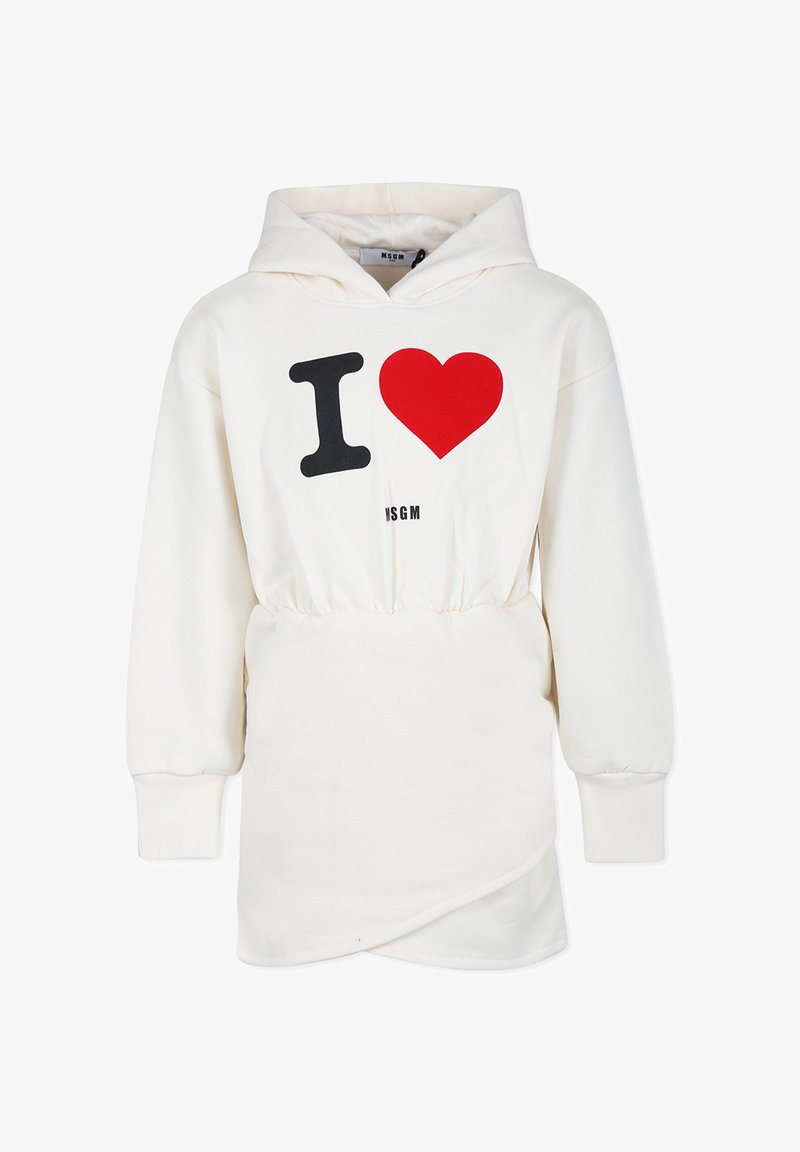 Hoodie de couleur crème avec "I ♥" en graphismes noirs et rouges. Présente un design à taille cintrée et des manches longues. Texture de tissu douce.