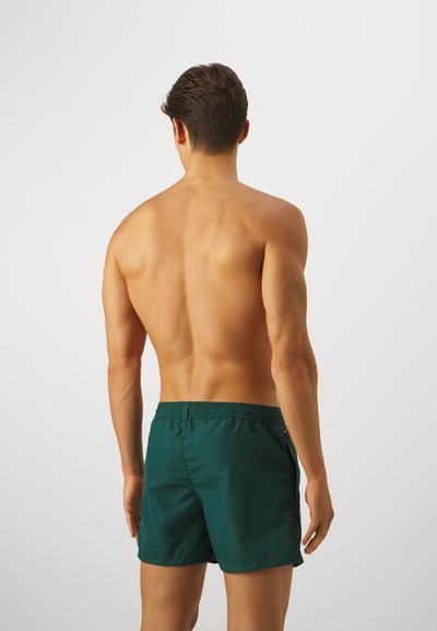 Shorts de bain verts avec un waistband élastique, longueur au-dessus du genou, texture lisse et un petit logo multicolore sur le côté.