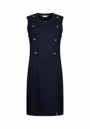 Robe bleu marine sans manches, longueur au genou, avec un col rond et six petites décorations en forme de chevrons dorés sur les panneaux avant.
