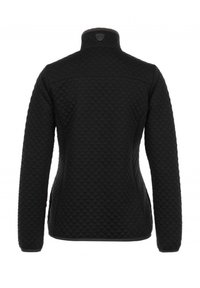 Veste noire matelassée avec un col montant, des manches longues et une silhouette ajustée. Le matériau semble doux avec un motif texturé.