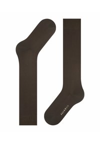 Braune Socken aus glattem Material, mit einfarbigem und nahtlosem Design sowie einem gerippten Bündchen, gekennzeichnet mit "FALKE 53-39" an der Sohle.