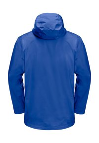 Veste imperméable bleue avec capuche, présentant une texture lisse et brillante et un design simple à coupe droite. Pas d'ornements visibles.