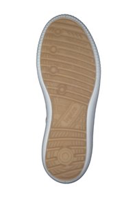 Weiße Sneakersohle mit einer strukturierten braunen Gummifläche, die kreisförmige und lineare Muster aufweist, sowie einem weißen Außensohlenrand.