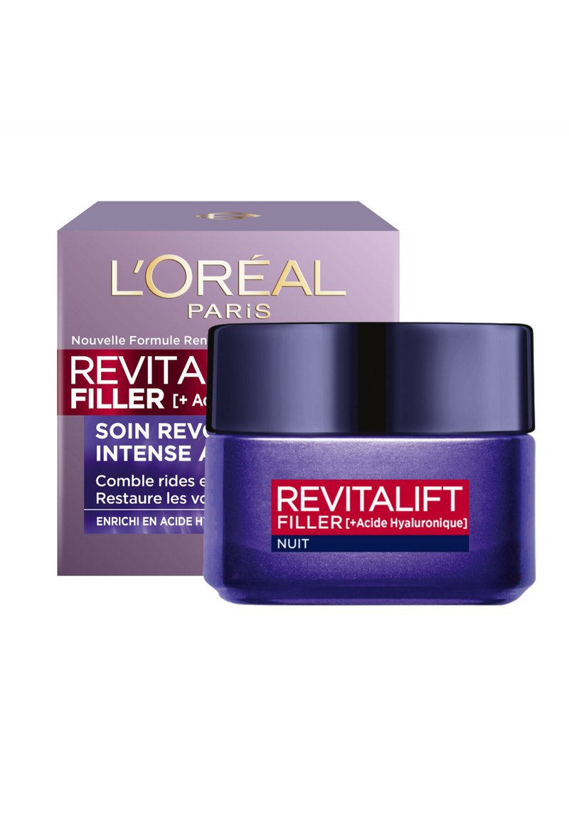 Crème de nuit Revitalift Filler dans un pot violet, présentant une texture lisse et une étiquette claire avec des accents rouges sur une boîte violette.