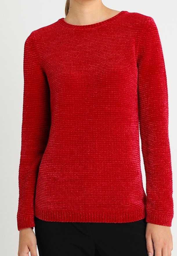 Červený pletený svetr s kulatým výstřihem, dlouhými rukávy, texturovanou tkaninou, žebrovaným lemem a úzkým střihem.