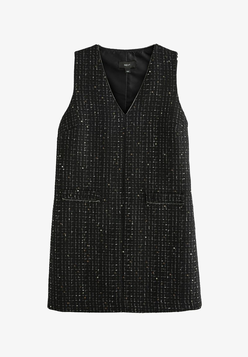 Mustmustriidist ilma varrukateta kleit V-kaelusega, millel on ruuduline muster ja kaks esist kotti. Sisevooder on õrnade metalliliste aktsentidega.