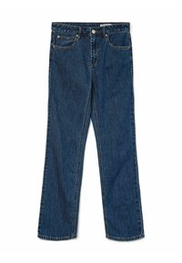 Dark blue straight-leg denim jeans with front button, belt loops, and five-pocket design on a white background.