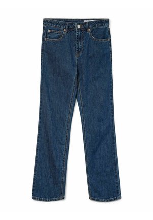 Jean en denim bleu foncé à coupe droite avec bouton avant, passants de ceinture et design à cinq poches sur fond blanc.