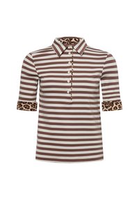 Bruin en wit gestreepte polo met een kraag en manchetten in luipaardprint; beschikt over een knoopsluiting en driekwartmouwen.