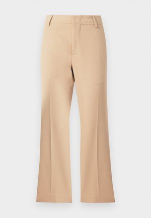 Beige weite Beinhosen mit glatter Textur, mittelhoher Taille und klaren Vorderfalten. Einfaches Design, keine sichtbaren Verzierungen.