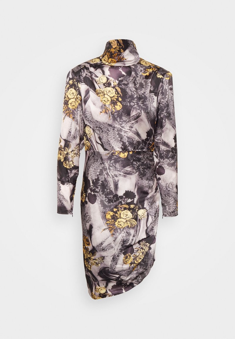 Long-sleeve, knee-length floral dress with a high collar, featuring a black, gray, and yellow pattern against a light background.