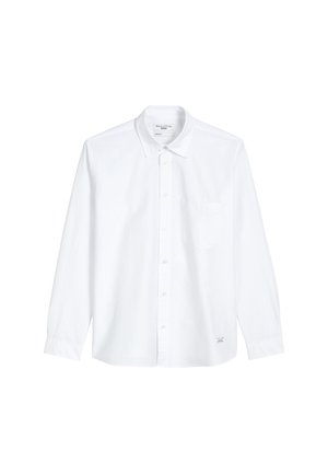 Weiße Langarmbluse aus Baumwolle mit einer Button-Down-Kragen, einer einzelnen Brusttasche und einem kleinen Logotag am Saum.