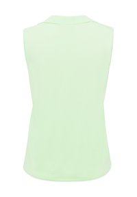 Mouwloos lichtgroen poloshirt met een platte kraag en een gladde stofstructuur. Achteraanzicht met een eenvoudig ontwerp zonder versieringen.