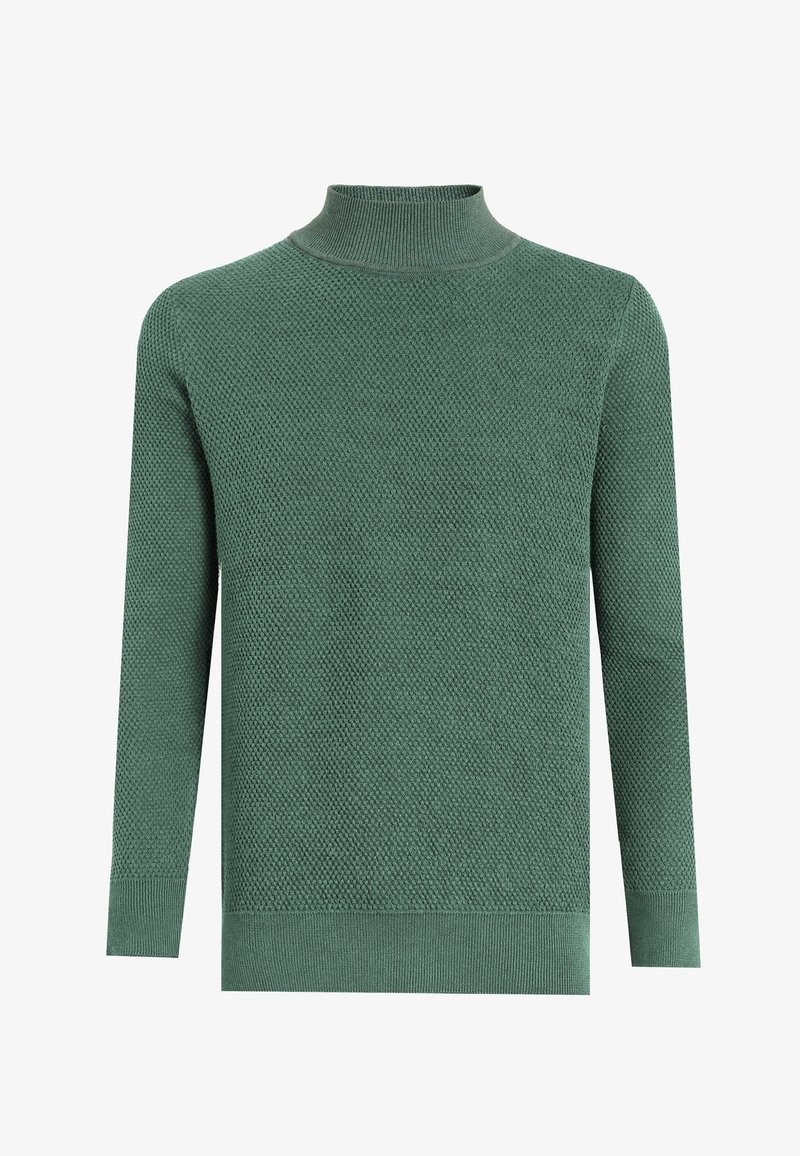 Pull en maille texturée verte avec manches longues et col montant court, présenté sur fond blanc.