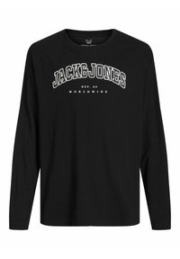 Fekete, hosszú ujjú pamut póló, fehér "JACK & JONES" logóval és "EST. 90 WORLDWIDE" felirattal a mellkasán.