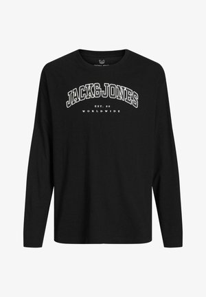 Fekete, hosszú ujjú pamut póló, fehér "JACK & JONES" logóval és "EST. 90 WORLDWIDE" felirattal a mellkasán.