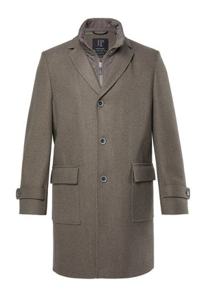 Brauner Herrenwollmantel mit drei Frontknöpfen, Klappentaschen, knöpfbaren Manschetten und einer inneren, gesteppte, mit Reißverschluss versehene Kragenlage.