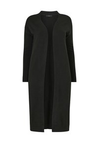 Schwarzer langer Cardigan aus weichem Strickstoff, mit offenem Vorderteil, langen Ärmeln und gerippten Bündchen. Minimalistisches Design ohne Verschlüsse.