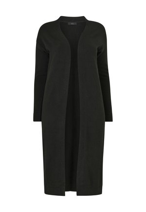Czarny, długi kardigan z miękkiej dzianiny, z otwartym przodem, długimi rękawami i ściągaczami u mankietów. Minimalistyczny design bez zapięć.